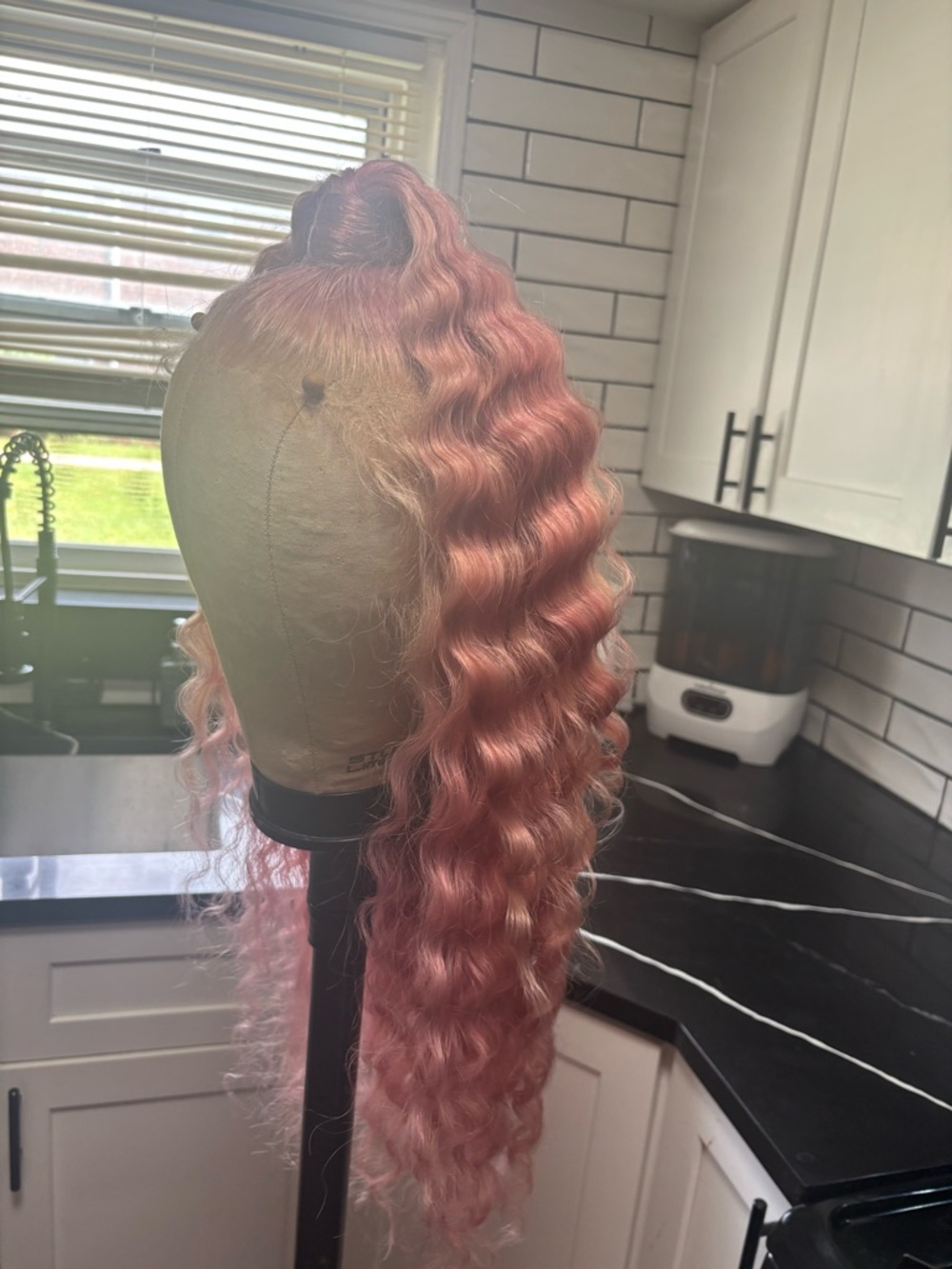 Human Hair Lace Front Wig- Long Wavy Pink Blonde Unit - Picture 8 of 8